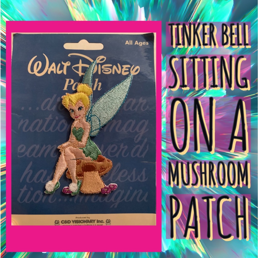 Sew-on or Iron-on Tinker Bell Sitting on a Mushroom Patch